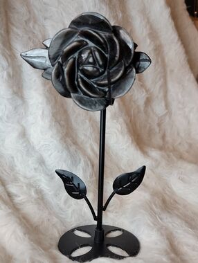 Silver Obsidian Rose and Metal Stand with Leaf Accents